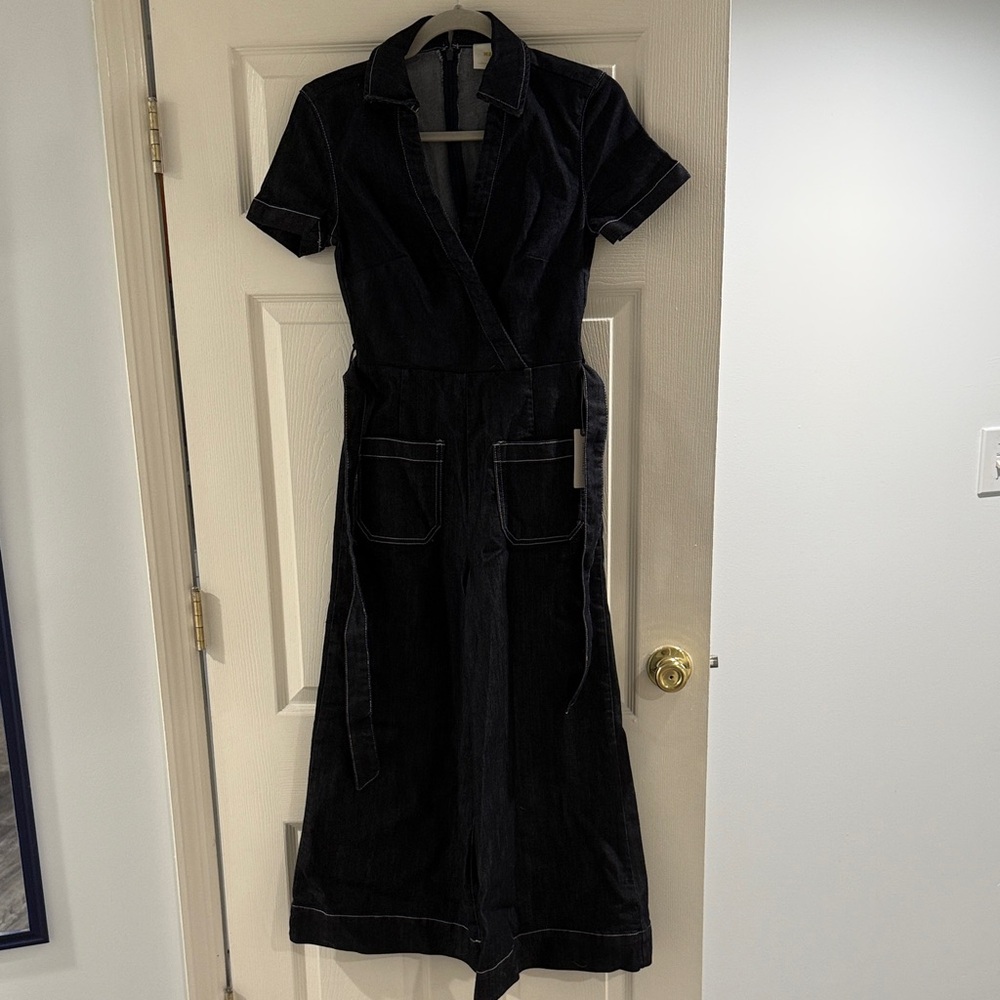 Black Denim Jumpsuit with White Stitching